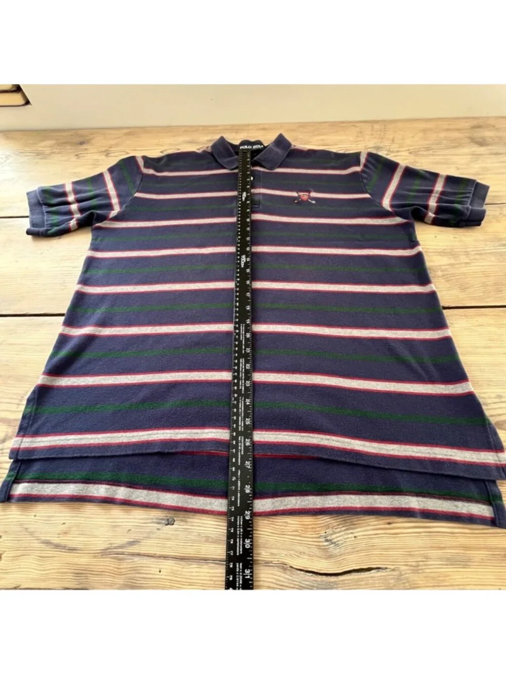 Polo Ralph Lauren Golf Shirt Mens L Navy Stripe Crest 90s Made in USA